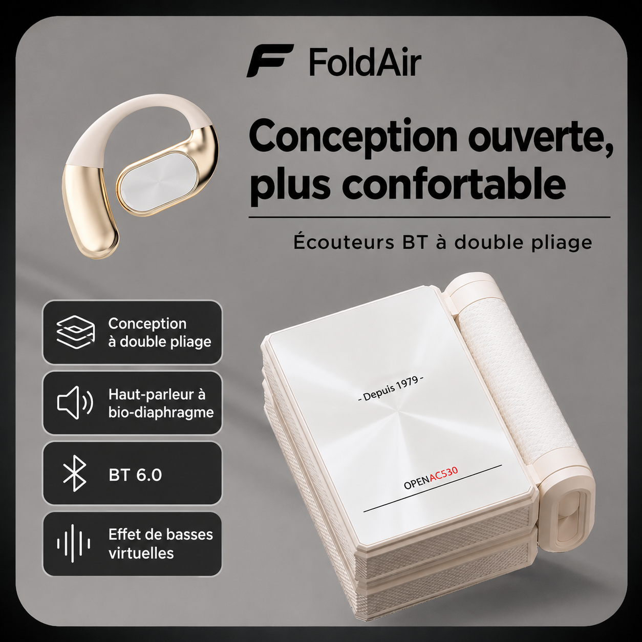 Écouteurs open-ear FoldAir, design à double pliage avec arceau
