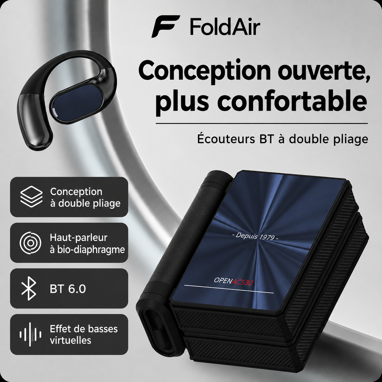 FoldAir open-ear : haut-parleur 14,2 mm, IPX5, Bluetooth 6.0, arceau ergonomique